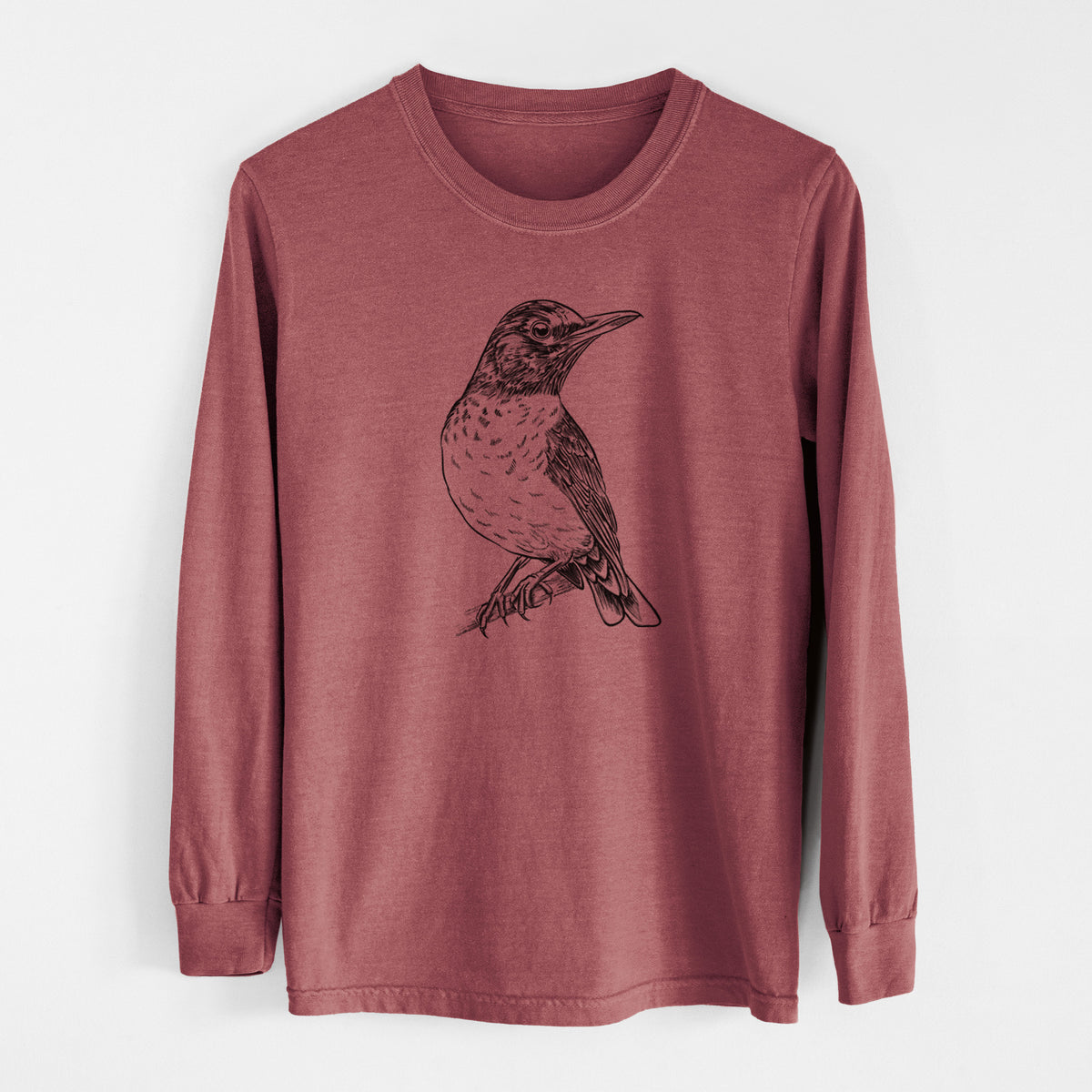 Brick red Comfort Colors long sleeve shirt laid flat, printed with a detailed black ink sketch of an American robin perched on a branch.