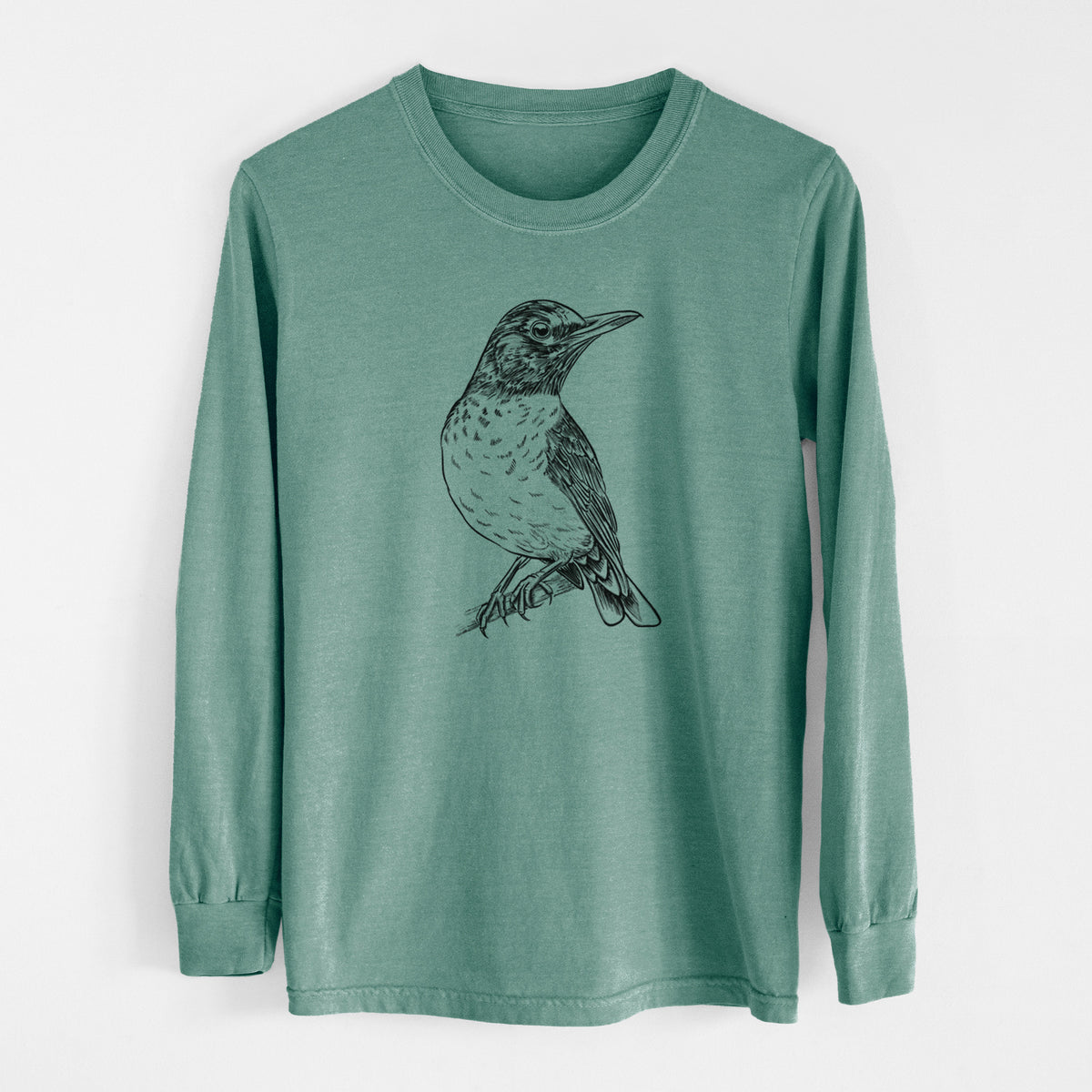 Pine green Comfort Colors long sleeve shirt laid flat, printed with a detailed black ink sketch of an American robin perched on a branch.