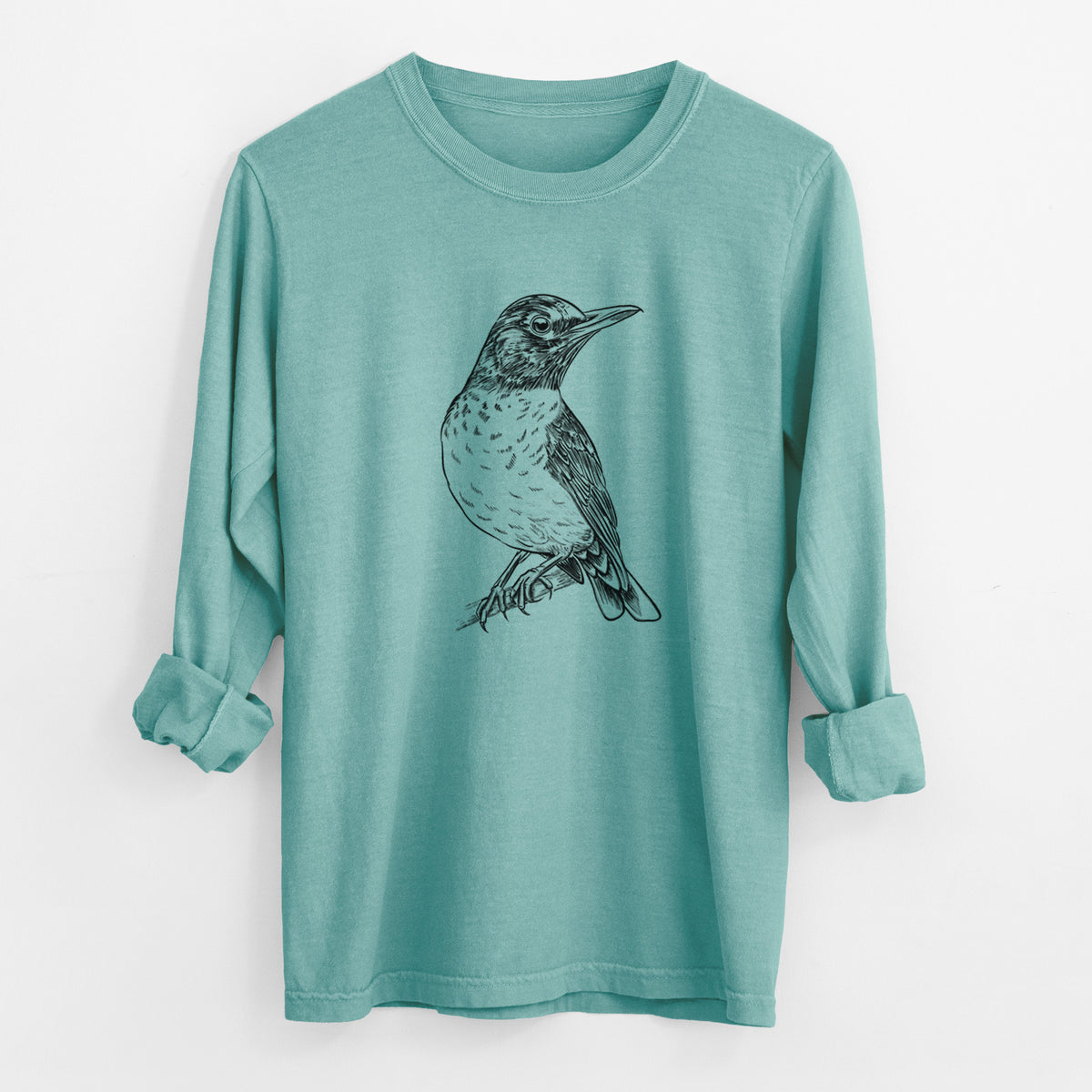 Reef green Comfort Colors long sleeve shirt laid flat with the cuffs rolled, printed with a detailed black ink sketch of an American robin perched on a branch.