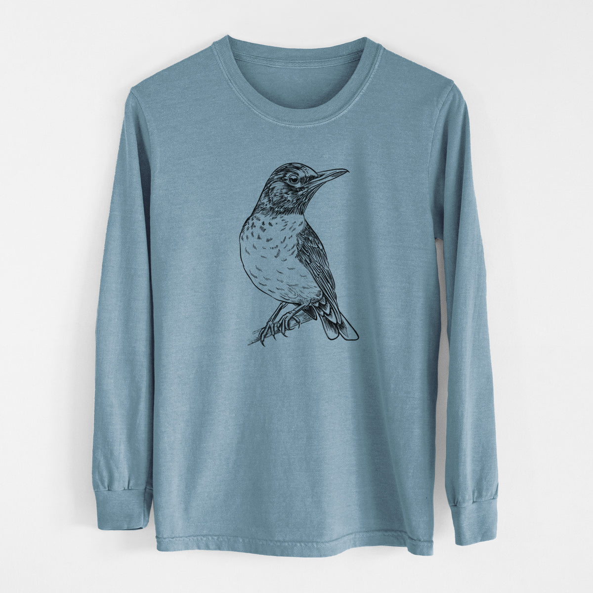 Steel blue Comfort Colors long sleeve shirt laid flat, printed with a detailed black ink sketch of an American robin perched on a branch.