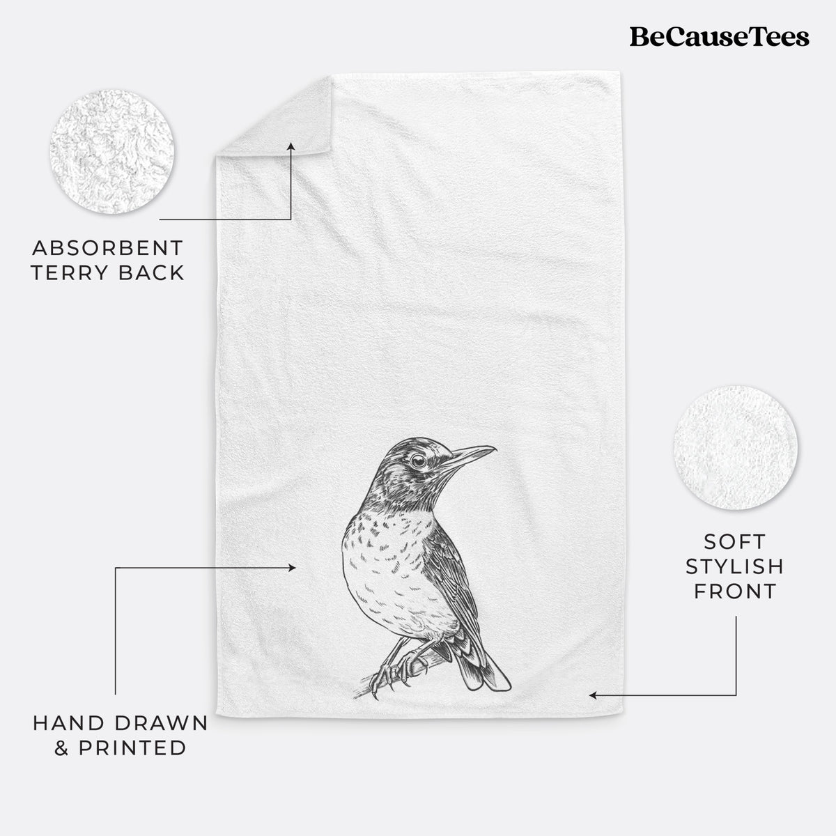 White hand towel printed with a detailed black ink sketch of an American robin perched on a branch.