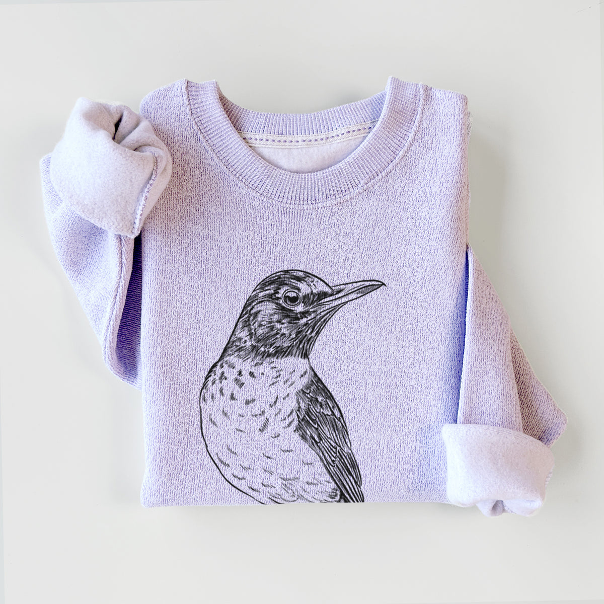 Ice purple knit sweatshirt printed with a detailed black ink sketch of an American robin perched on a branch, styled flat.