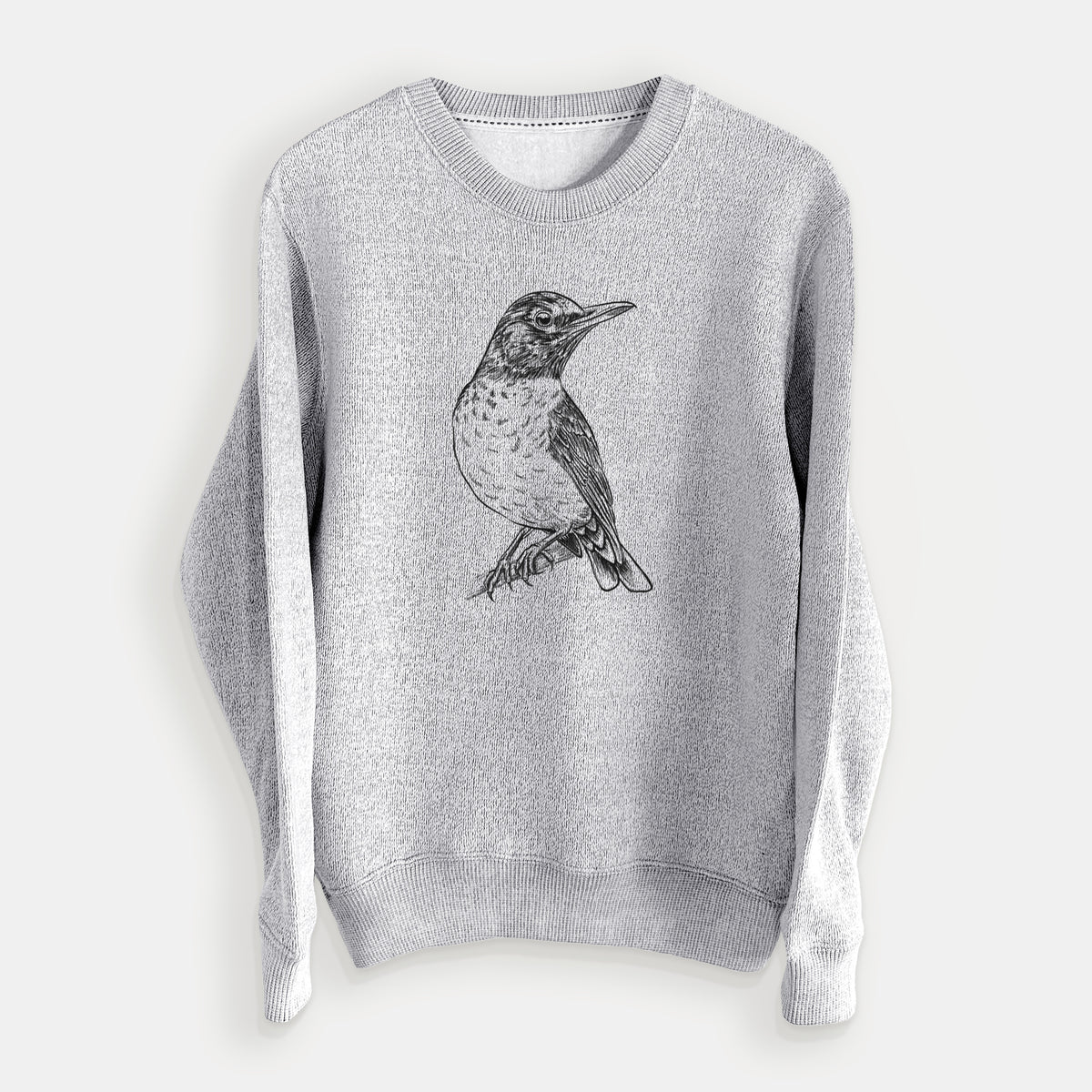 Salt and pepper knit sweatshirt laid flat, printed with a detailed black ink sketch of an American robin perched on a branch.