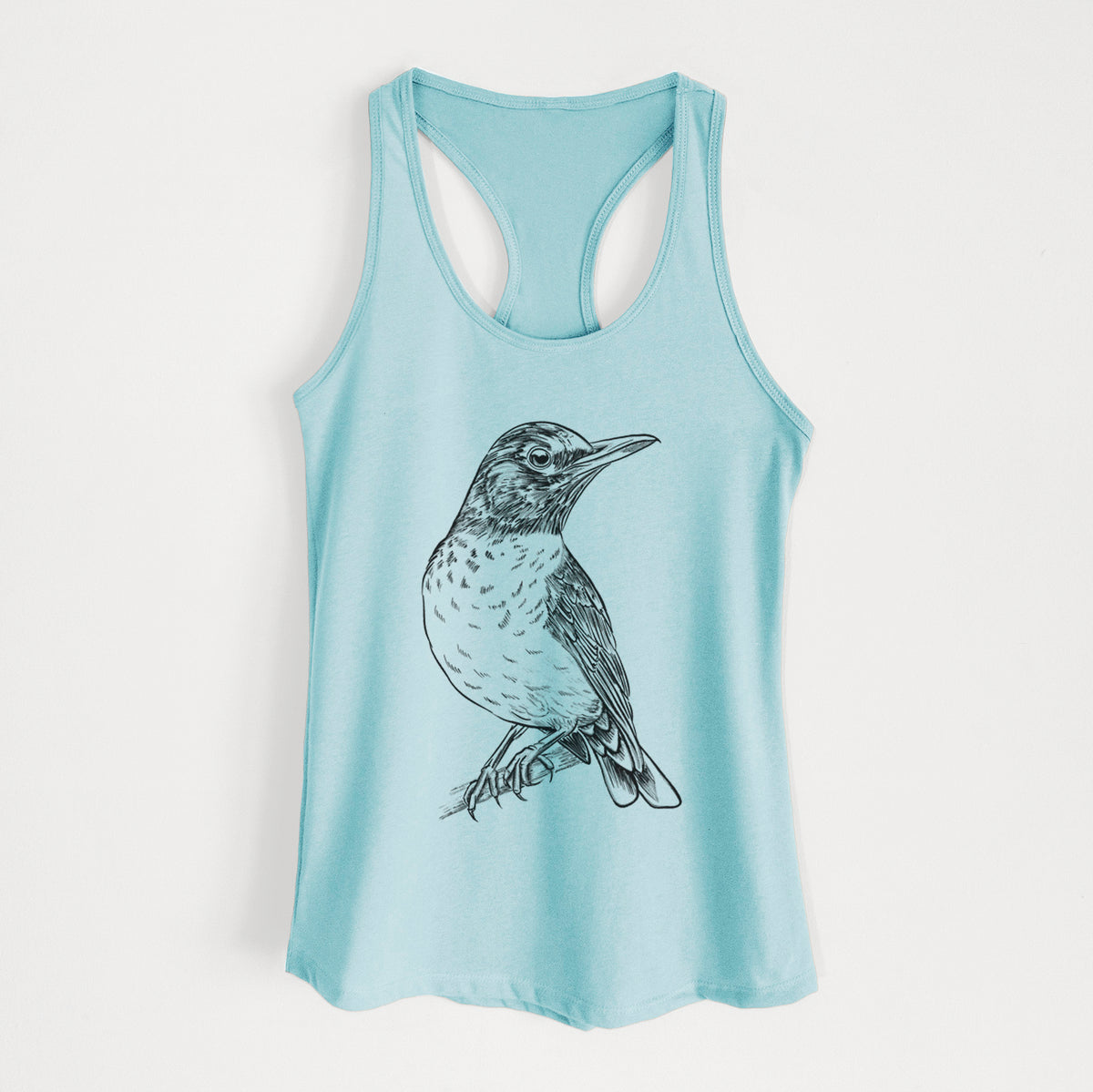 Cancun blue women's racerback tank top laid flat, printed with a detailed black ink sketch of an American robin perched on a branch.