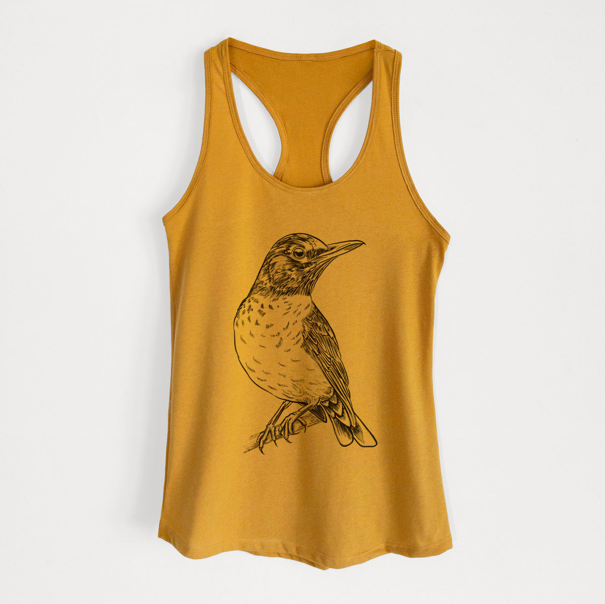 Gold women's racerback tank top laid flat, printed with a detailed black ink sketch of an American robin perched on a branch.