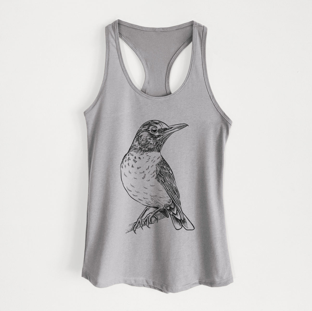 Heather grey women's racerback tank top laid flat, printed with a detailed black ink sketch of an American robin perched on a branch.