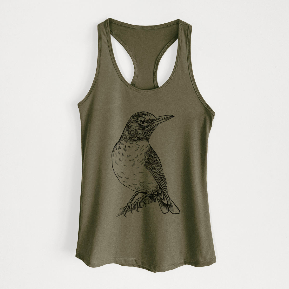 Military green women's racerback tank top laid flat, printed with a detailed black ink sketch of an American robin perched on a branch.