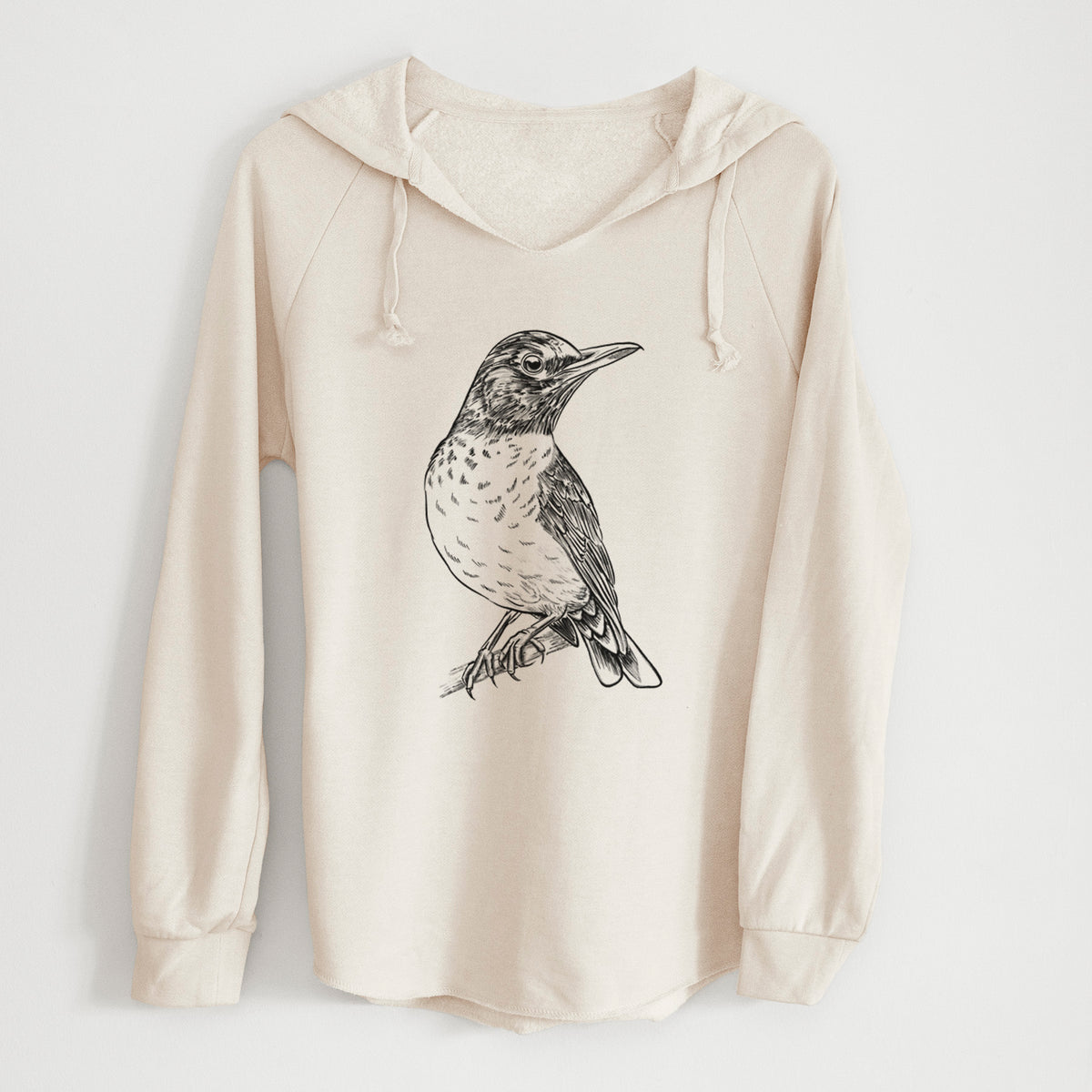 Bone cream women's Cali Wave hooded sweatshirt laid flat, printed with a detailed black ink sketch of an American robin perched on a branch.