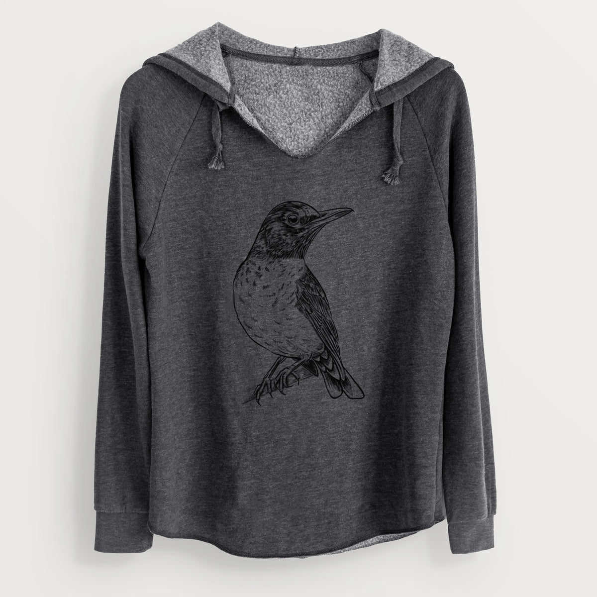 Charcoal grey women's Cali Wave hooded sweatshirt laid flat, printed with a detailed black ink sketch of an American robin perched on a branch.