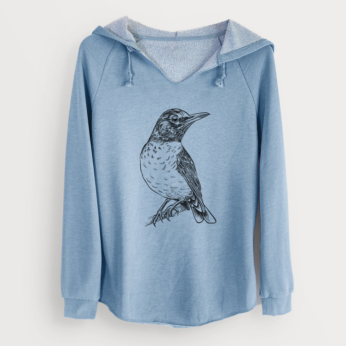 Misty blue women's Cali Wave hooded sweatshirt laid flat, printed with a detailed black ink sketch of an American robin perched on a branch.