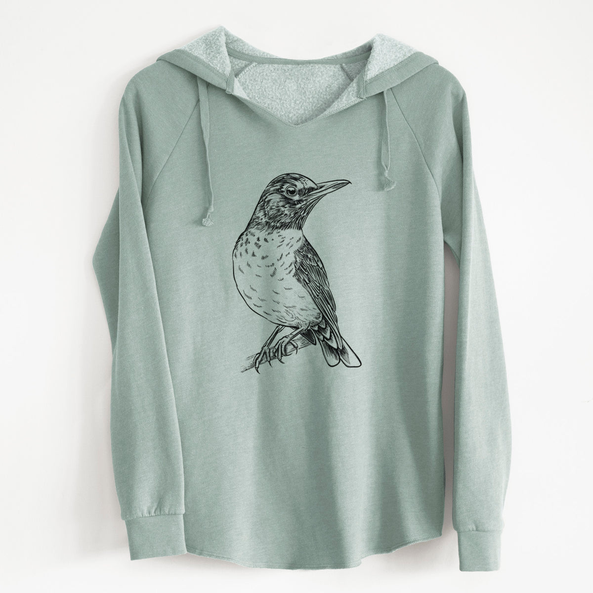 Sage green women's Cali Wave hooded sweatshirt laid flat, printed with a detailed black ink sketch of an American robin perched on a branch.