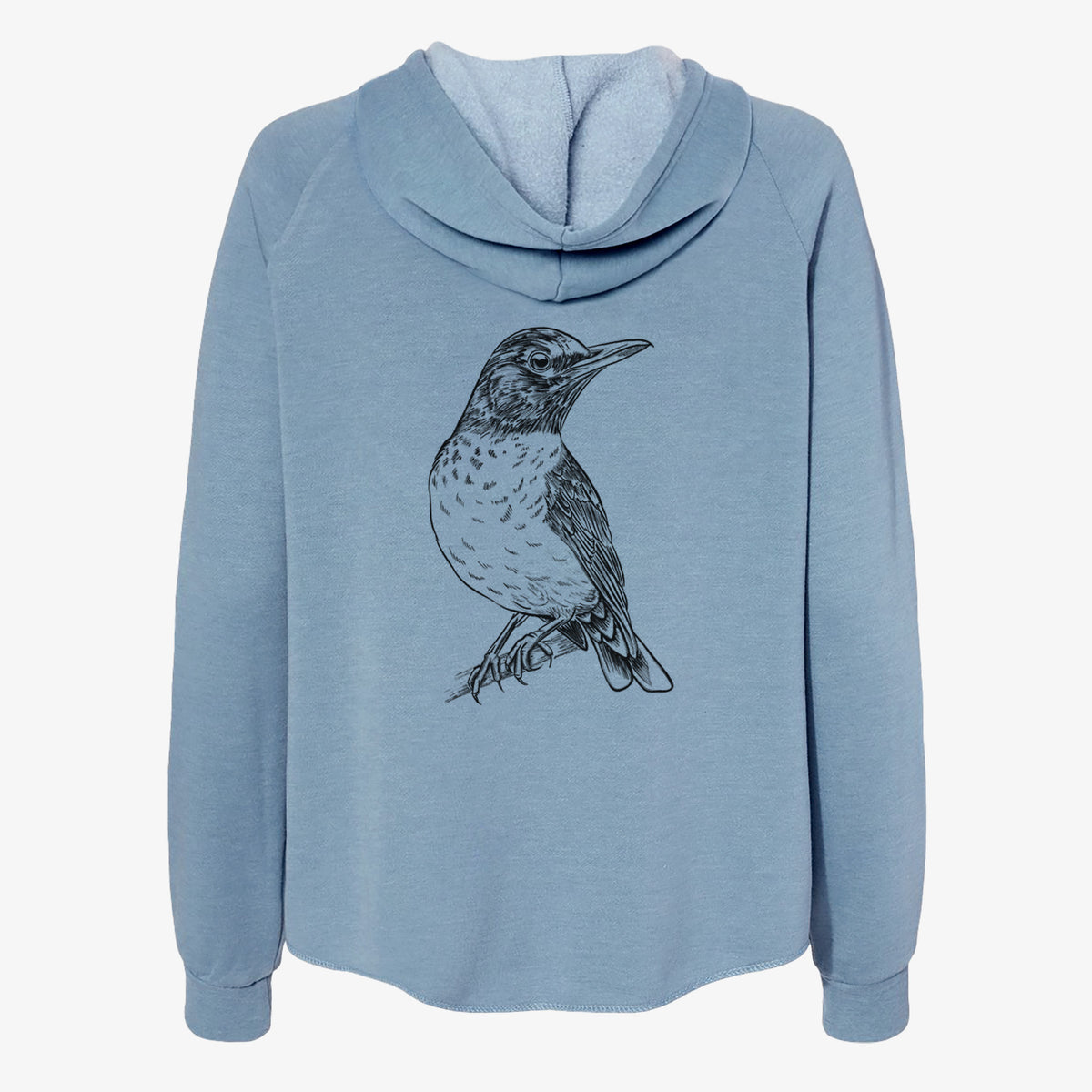 Misty blue women's Cali Wave zip-up sweatshirt laid flat, printed with a detailed black ink sketch of an American robin perched on a branch.