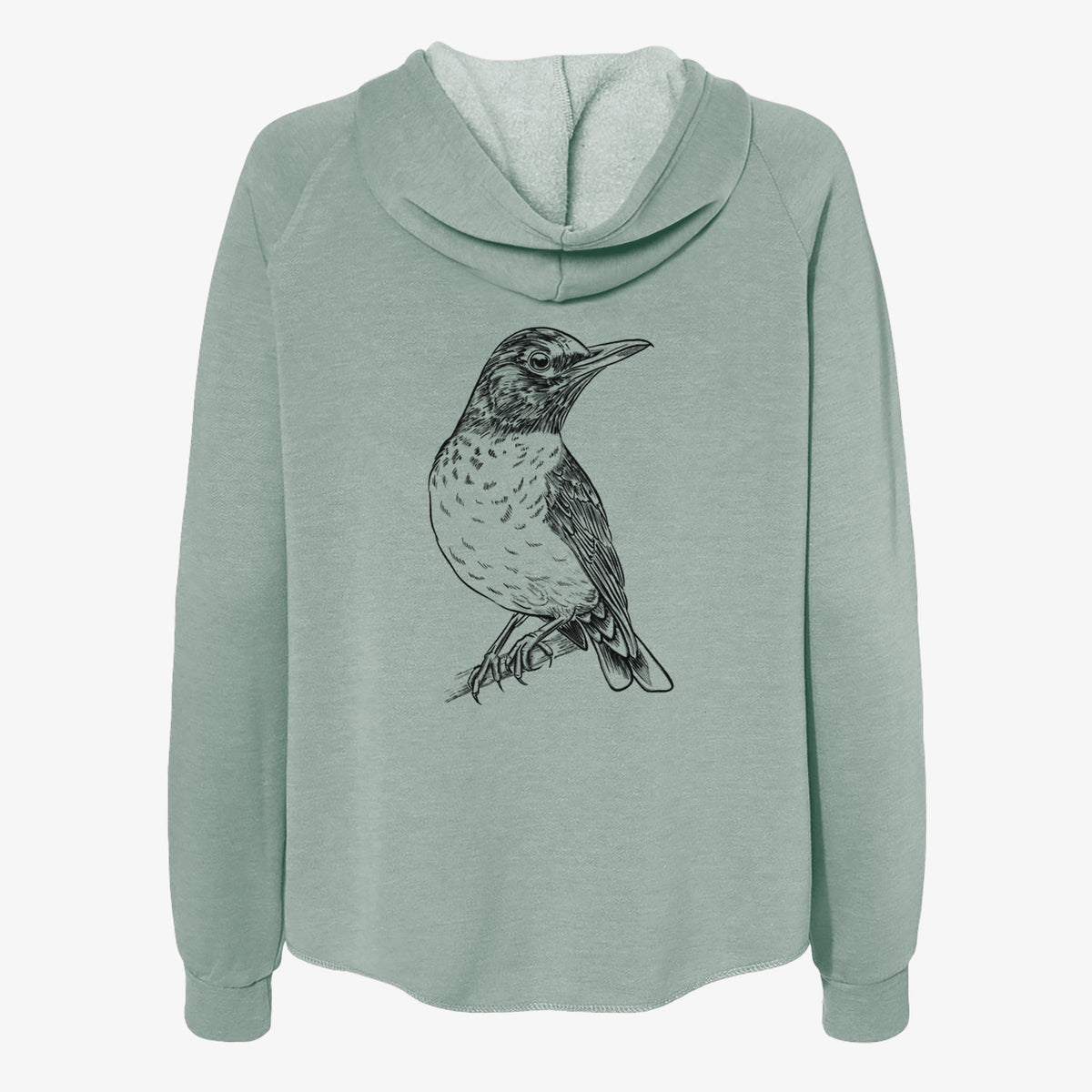 Sage green women's Cali Wave zip-up sweatshirt laid flat, printed with a detailed black ink sketch of an American robin perched on a branch.
