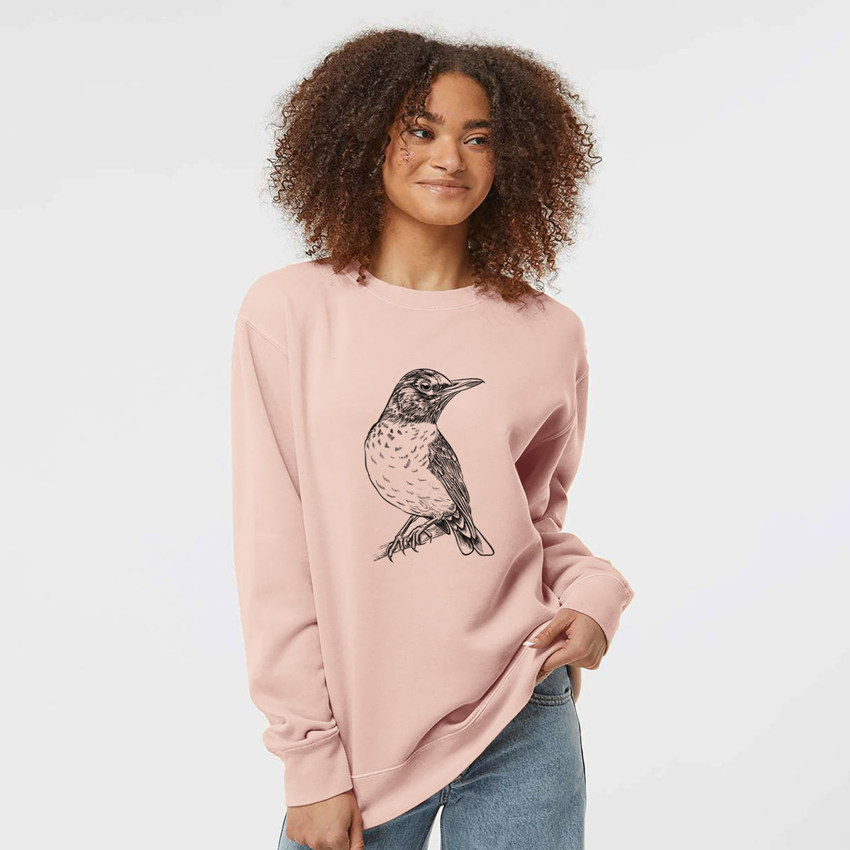 American Robin - Turdus migratorius - Unisex Pigment Dyed Crew Sweatshirt in Dusty Pink