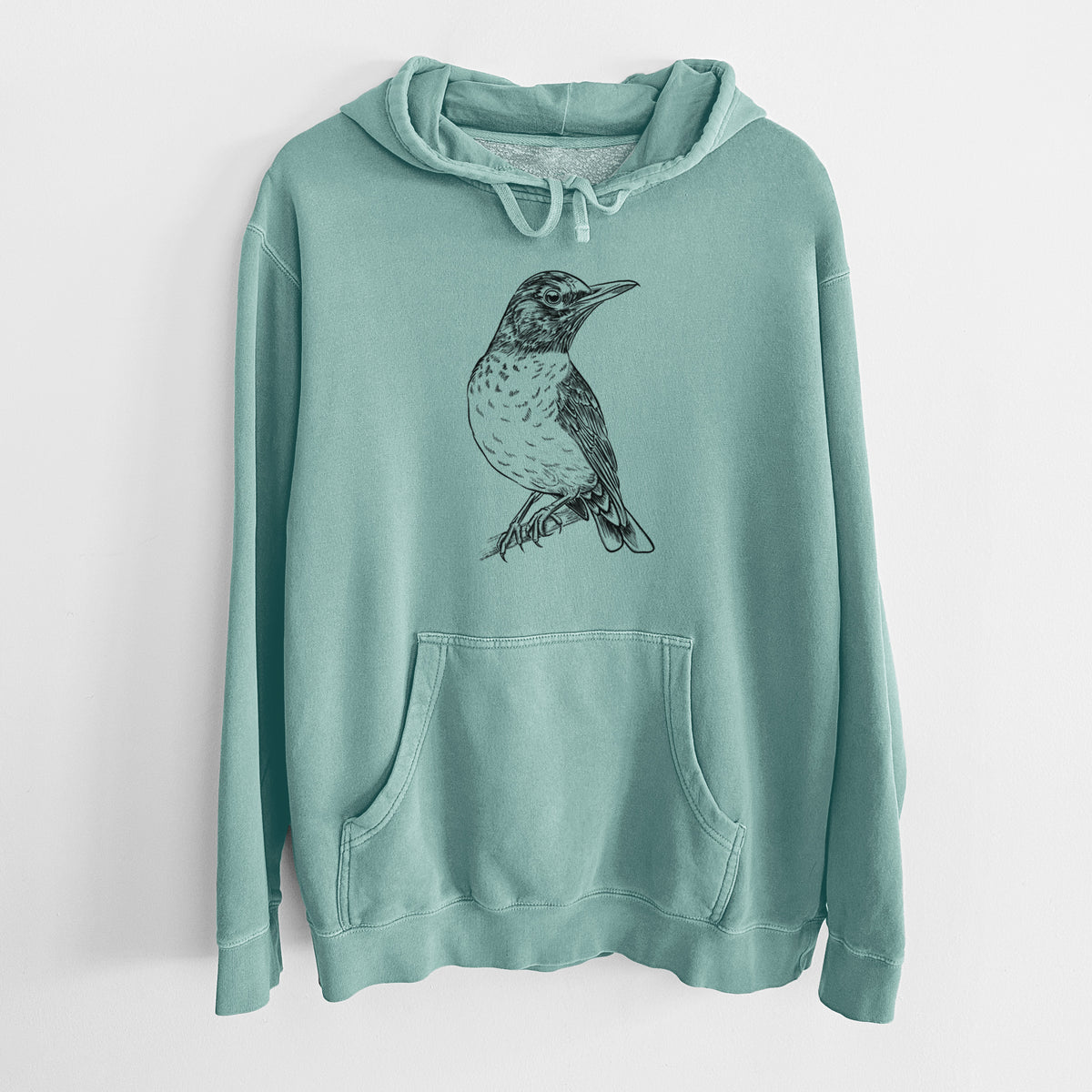 Mint green pigment dyed hoodie laid flat, printed with a detailed black ink sketch of an American robin perched on a branch.