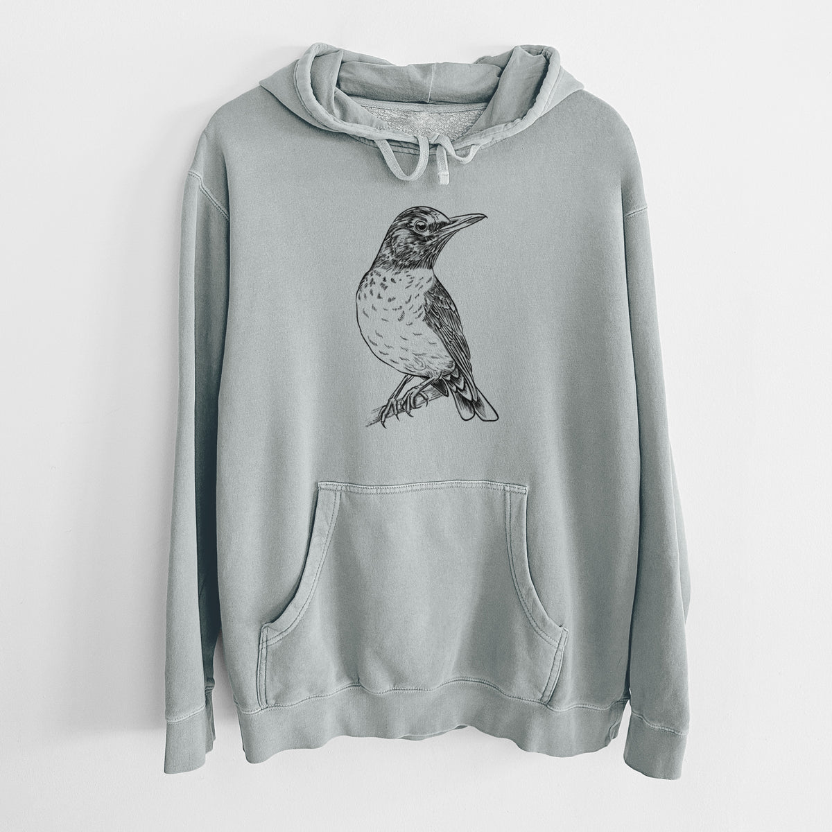 Sage green pigment dyed hoodie laid flat, printed with a detailed black ink sketch of an American robin perched on a branch.