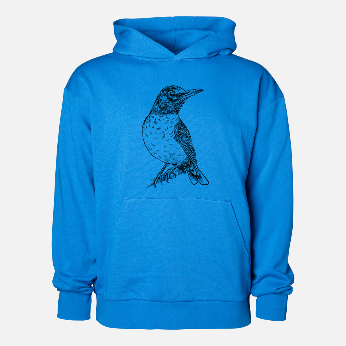 American Robin - Turdus migratorius - Statement Midweight Hoodie in Azure Blue, shown from the front with the design printed on the chest above a front kangaroo pocket.