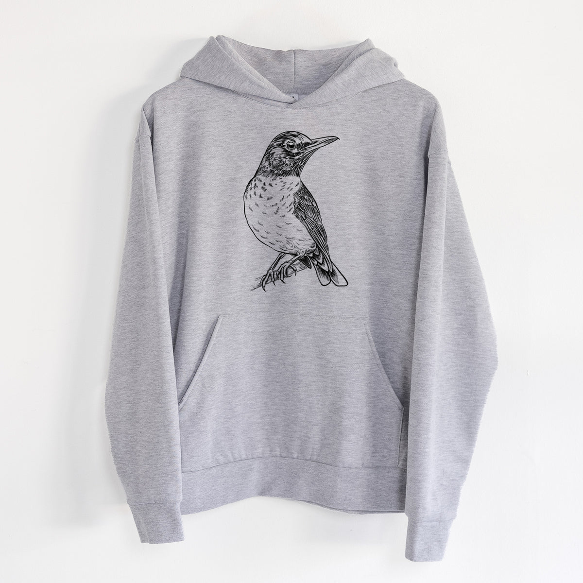 American Robin - Turdus migratorius - Statement Midweight Hoodie in Heather Grey, hanging on a white wall, with a front kangaroo pocket and no drawcords.