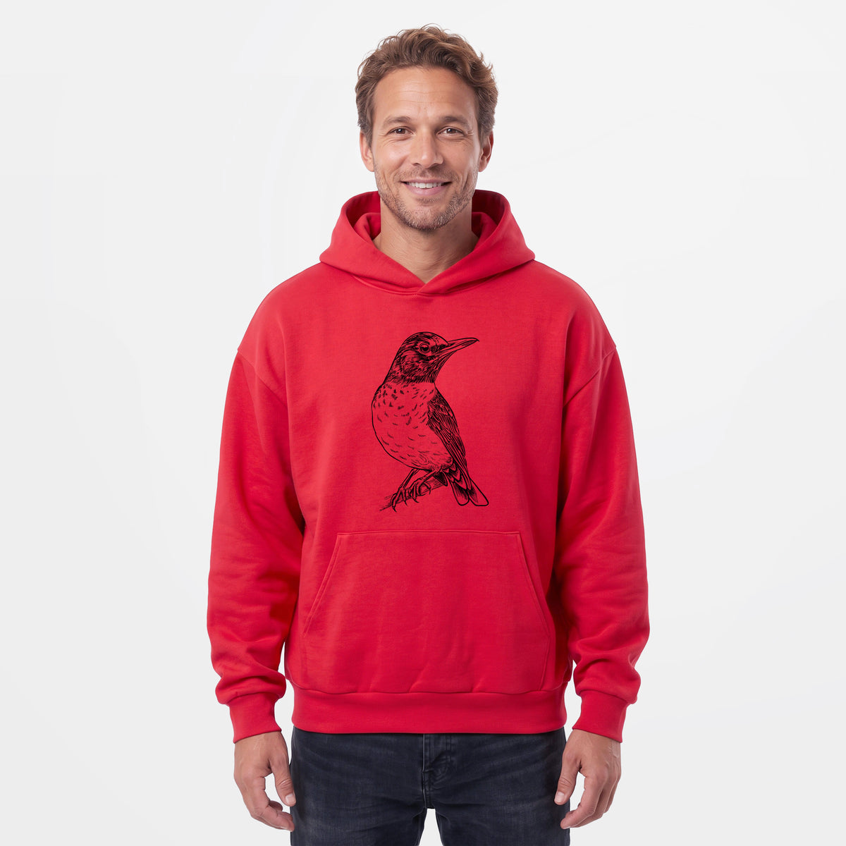 Male model wearing the American Robin - Turdus migratorius - Statement Midweight Hoodie.