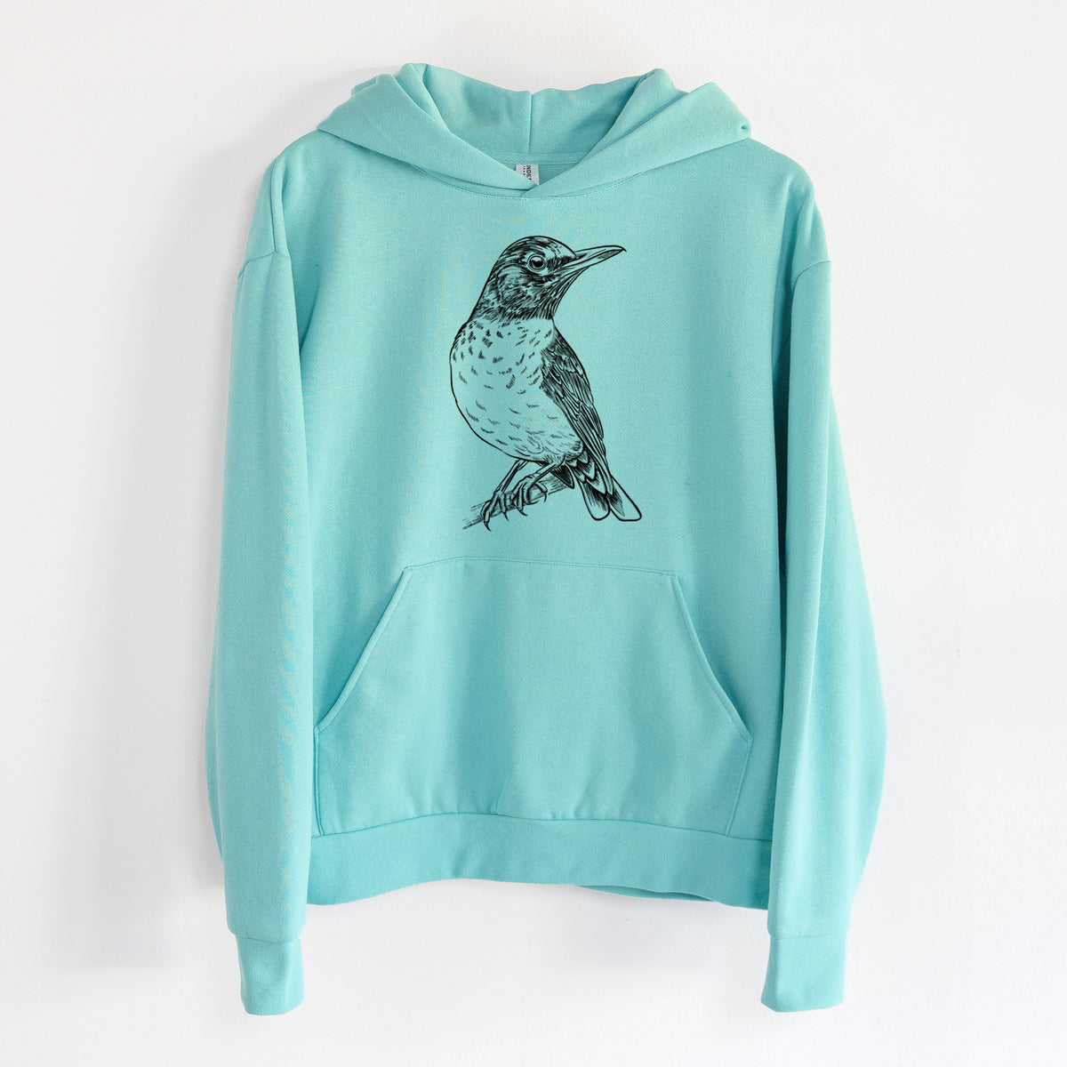American Robin - Turdus migratorius - Statement Midweight Hoodie in Seafoam, hanging on a white wall, with a front kangaroo pocket and no drawcords.