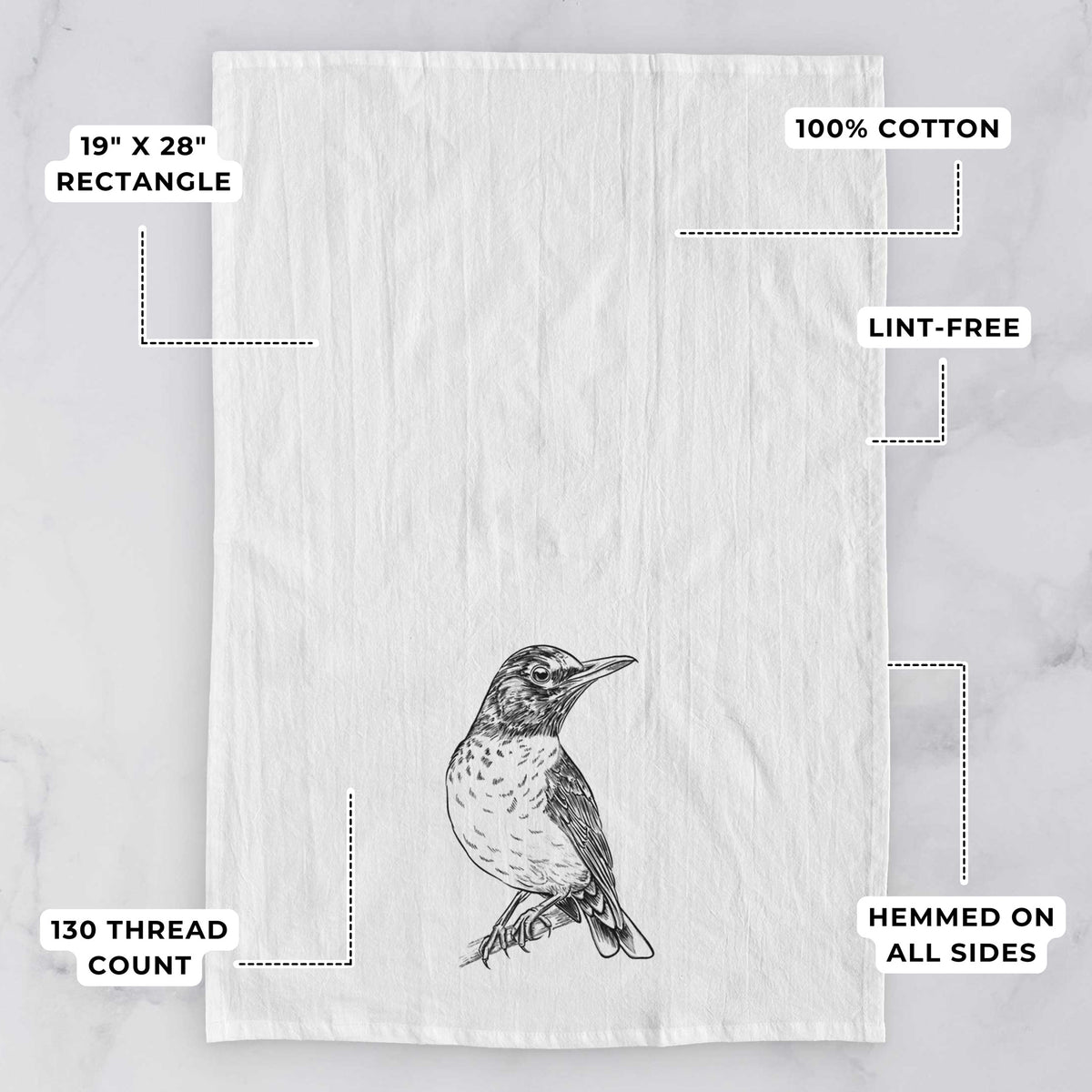 White tea towel printed with a detailed black ink sketch of an American robin perched on a branch, with feature labels: 19 by 28 inch rectangle, 100% cotton, lint-free, 130 thread count, hemmed on all sides.