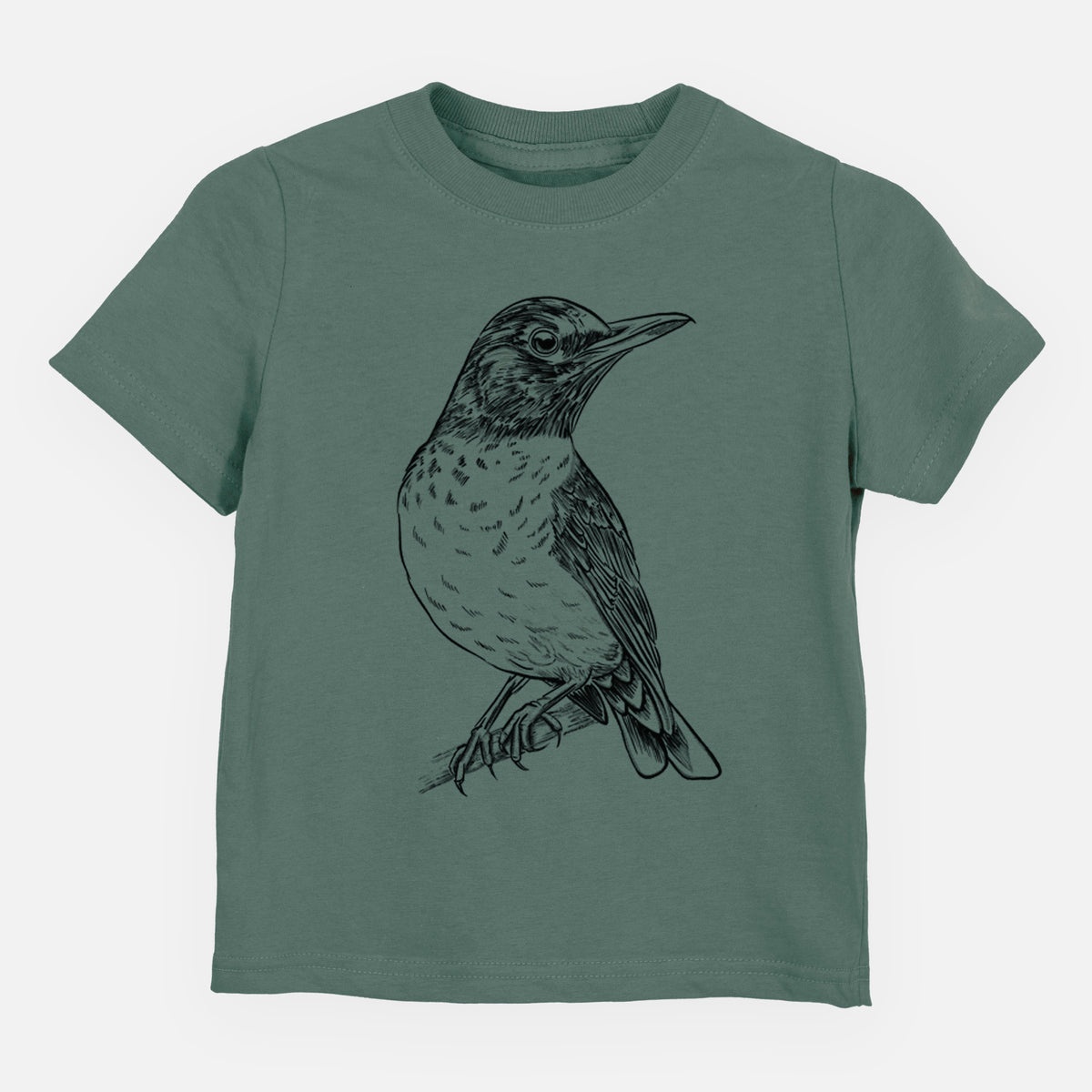 Basil green toddler t-shirt laid flat, printed with a detailed black ink sketch of an American robin perched on a branch.