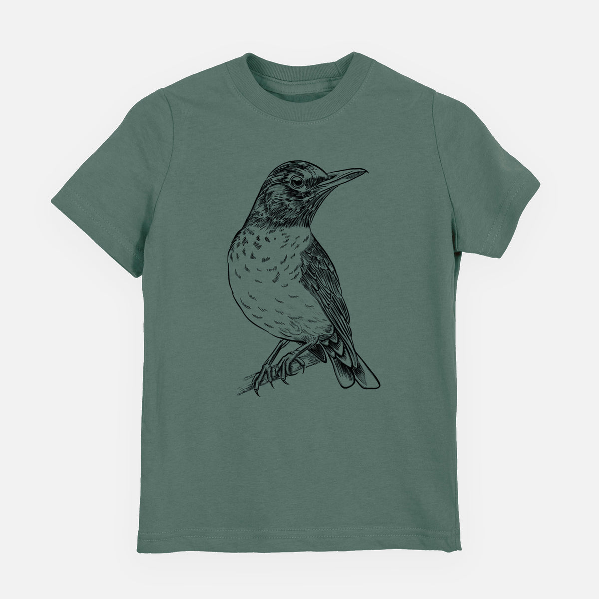 Basil green youth t-shirt laid flat, printed with a detailed black ink sketch of an American robin perched on a branch.