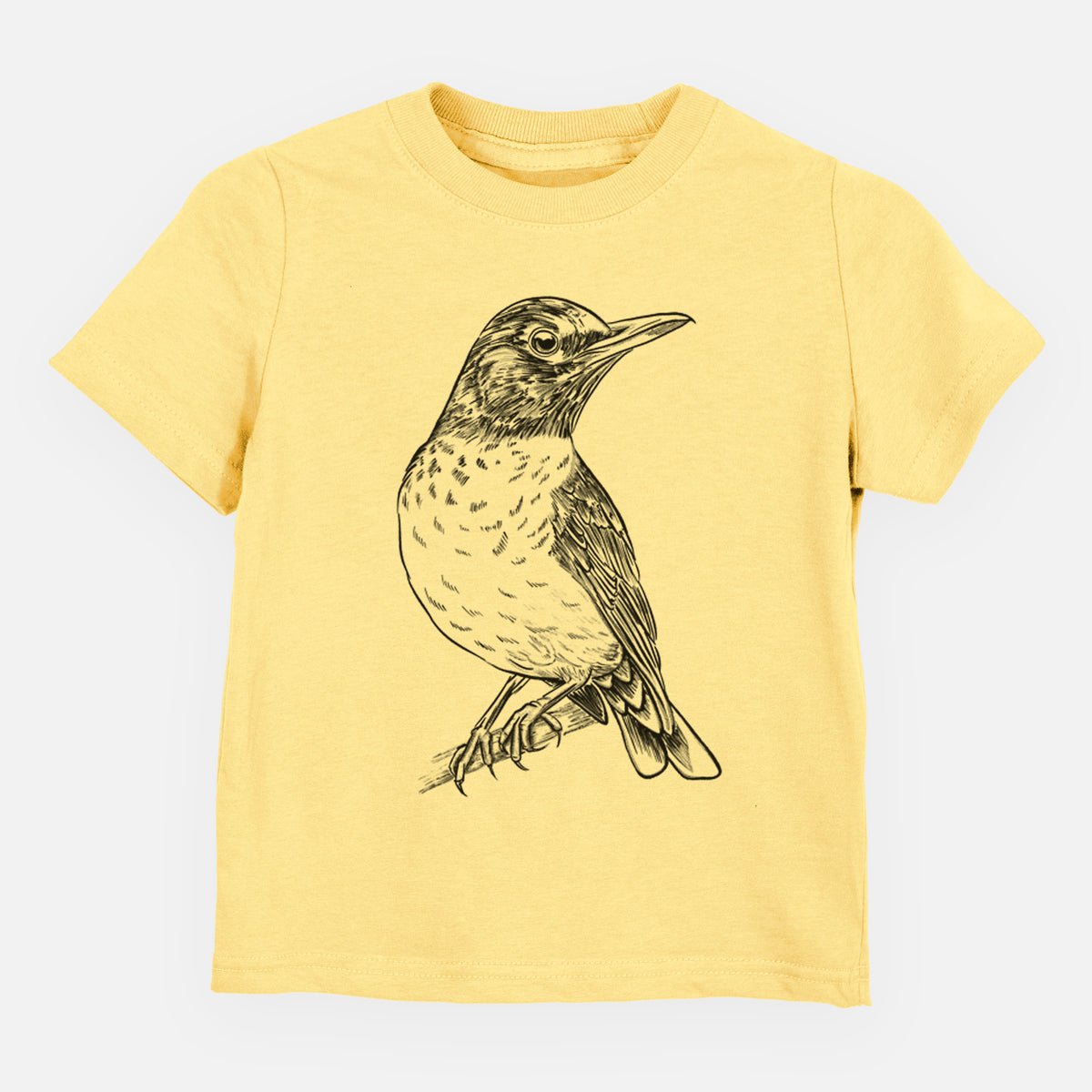 Butter yellow toddler t-shirt laid flat, printed with a detailed black ink sketch of an American robin perched on a branch.