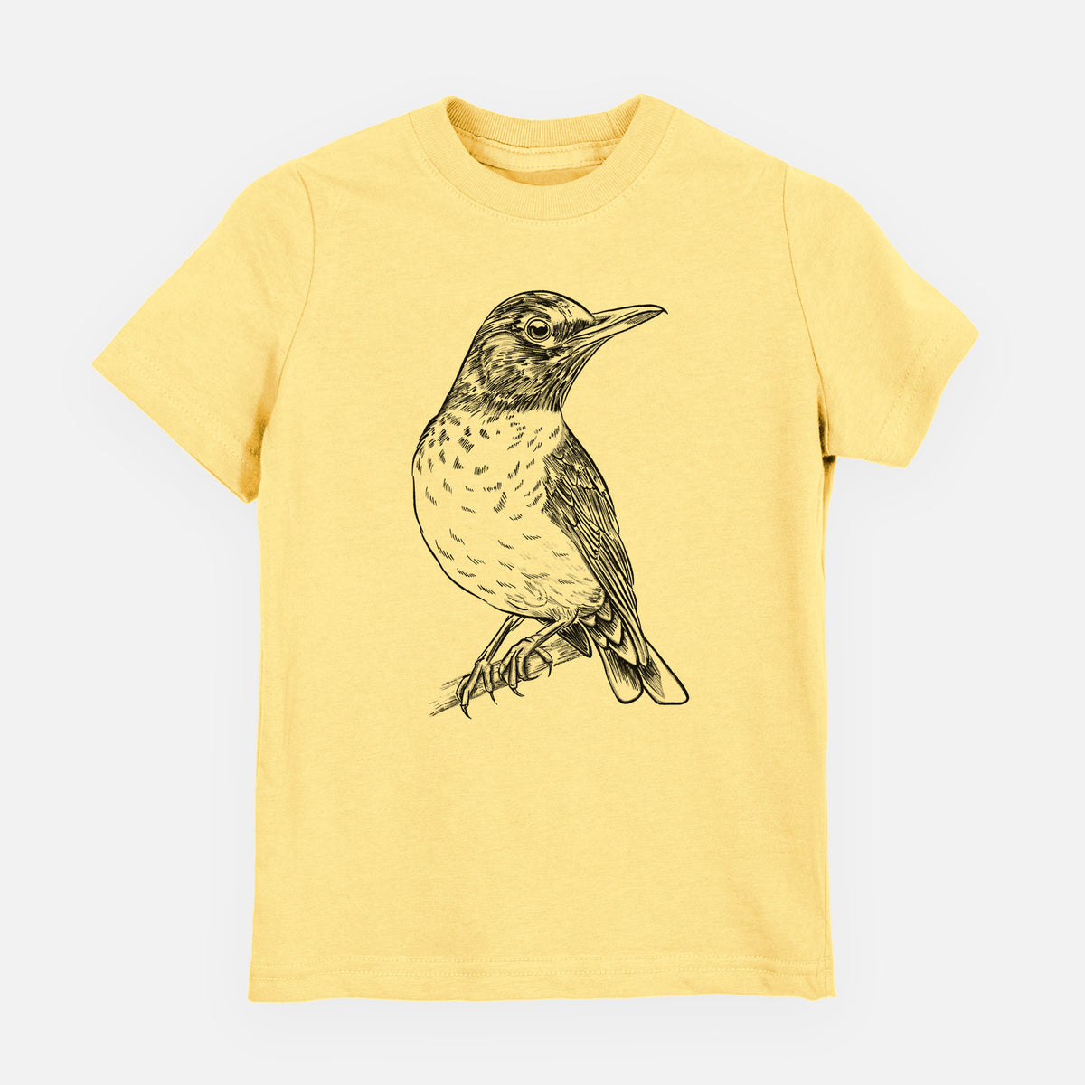 Butter yellow youth t-shirt laid flat, printed with a detailed black ink sketch of an American robin perched on a branch.
