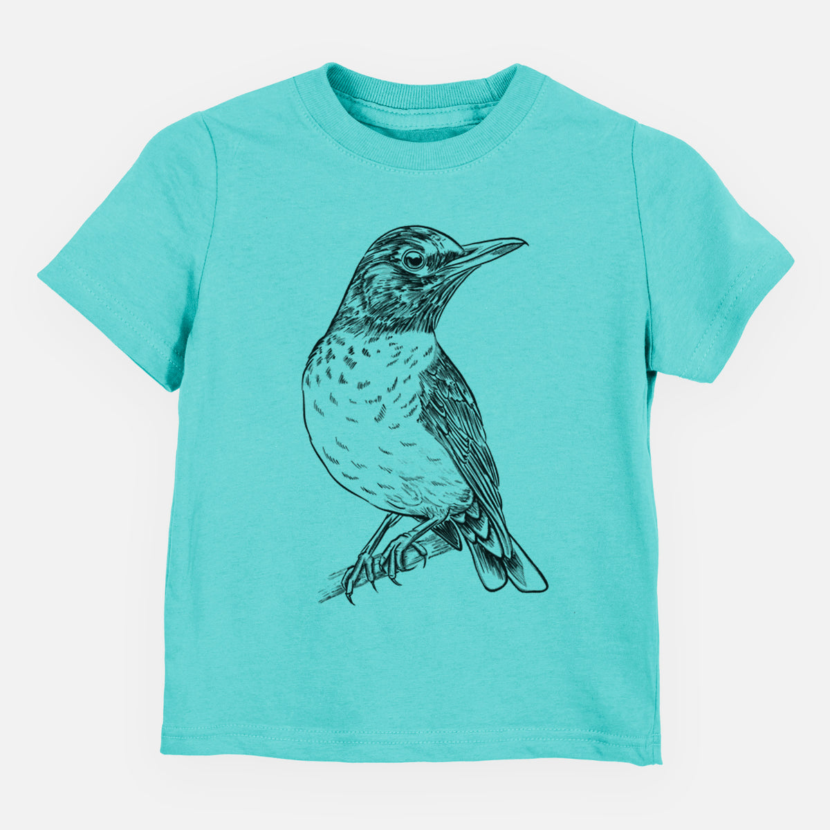 Caribbean blue toddler t-shirt laid flat, printed with a detailed black ink sketch of an American robin perched on a branch.