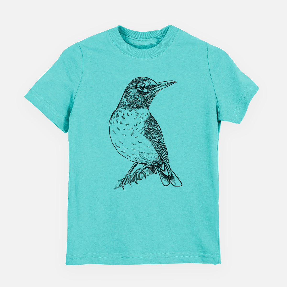 Caribbean blue youth t-shirt laid flat, printed with a detailed black ink sketch of an American robin perched on a branch.