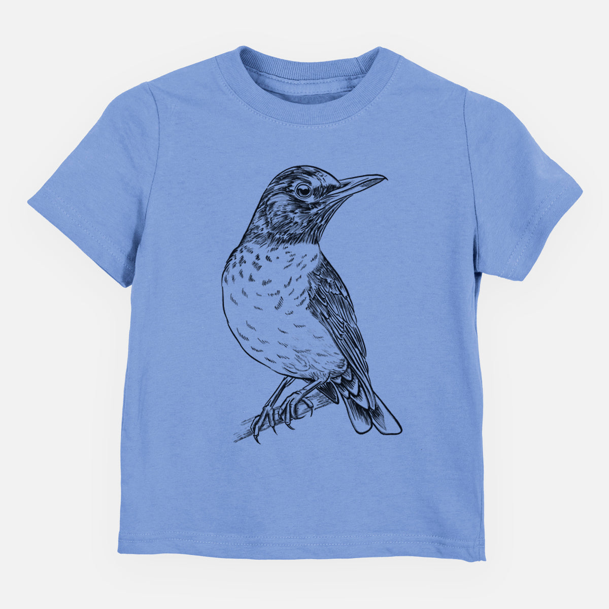 Carolina blue toddler t-shirt laid flat, printed with a detailed black ink sketch of an American robin perched on a branch.