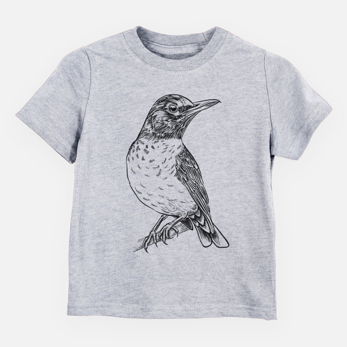 Heather grey toddler t-shirt laid flat, printed with a detailed black ink sketch of an American robin perched on a branch.