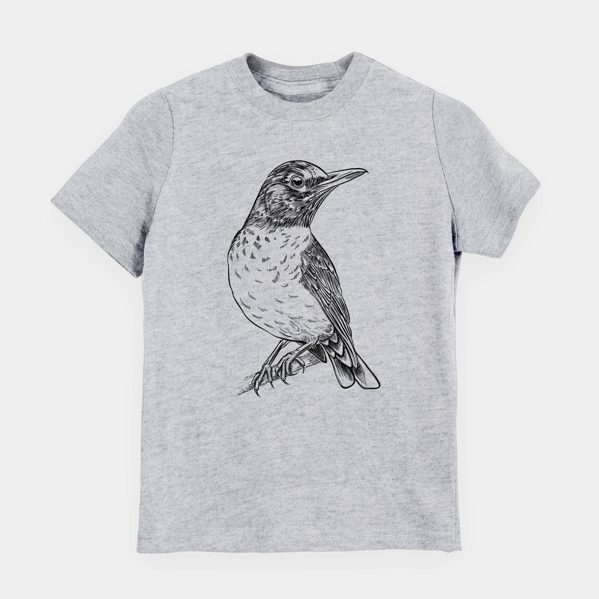 Heather grey youth t-shirt laid flat, printed with a detailed black ink sketch of an American robin perched on a branch.