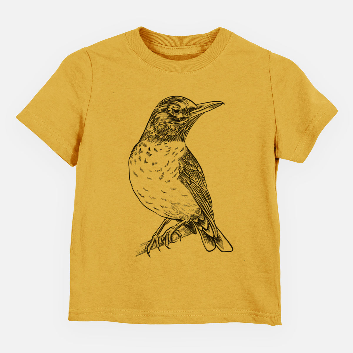 Honeycomb yellow toddler t-shirt laid flat, printed with a detailed black ink sketch of an American robin perched on a branch.