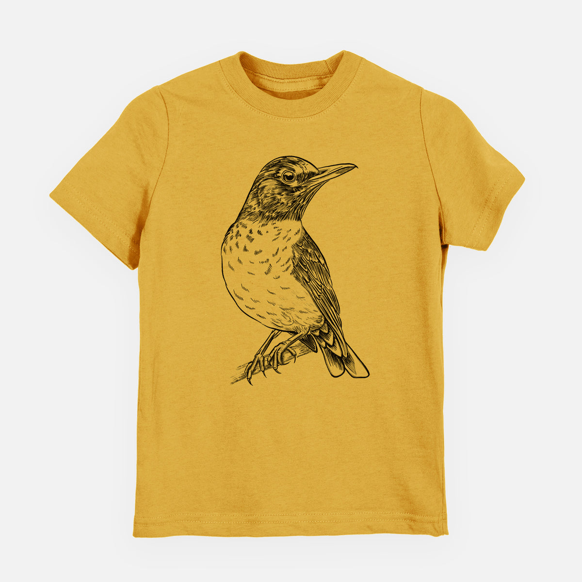 Honeycomb yellow youth t-shirt laid flat, printed with a detailed black ink sketch of an American robin perched on a branch.