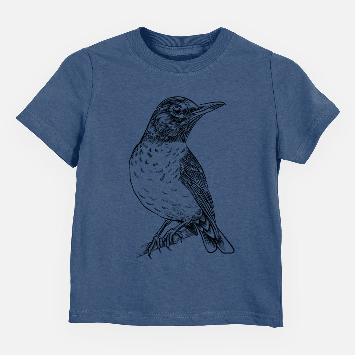 Indigo blue toddler t-shirt laid flat, printed with a detailed black ink sketch of an American robin perched on a branch.