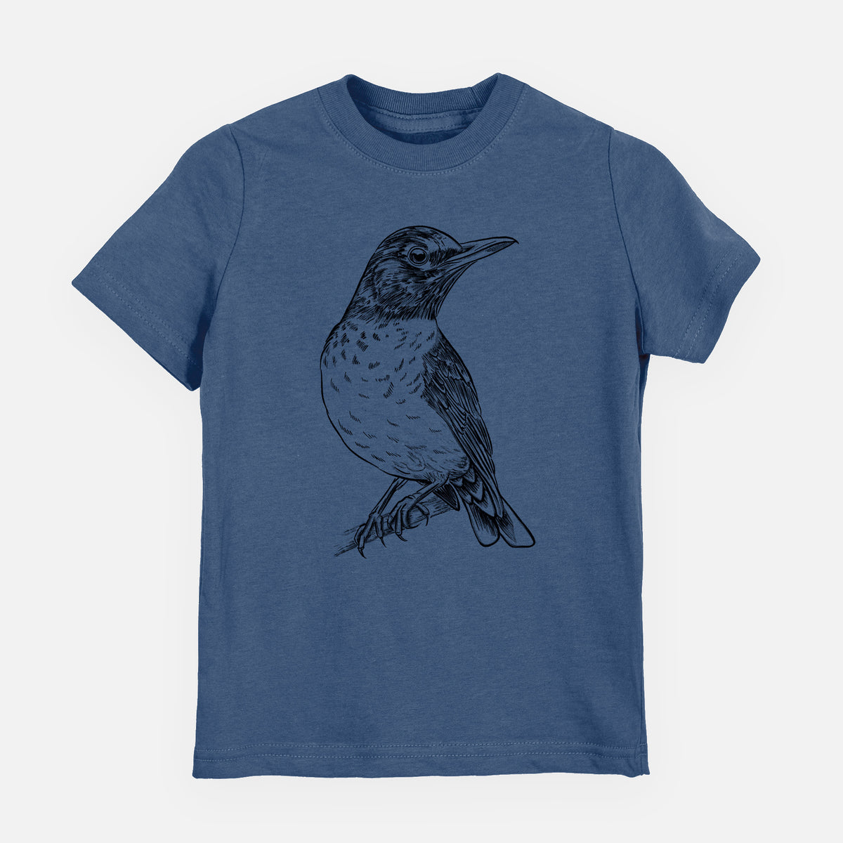 Indigo blue youth t-shirt laid flat, printed with a detailed black ink sketch of an American robin perched on a branch.