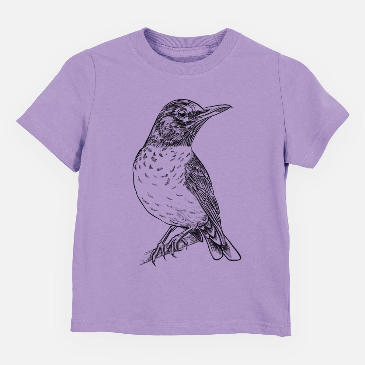 Lavender toddler t-shirt laid flat, printed with a detailed black ink sketch of an American robin perched on a branch.