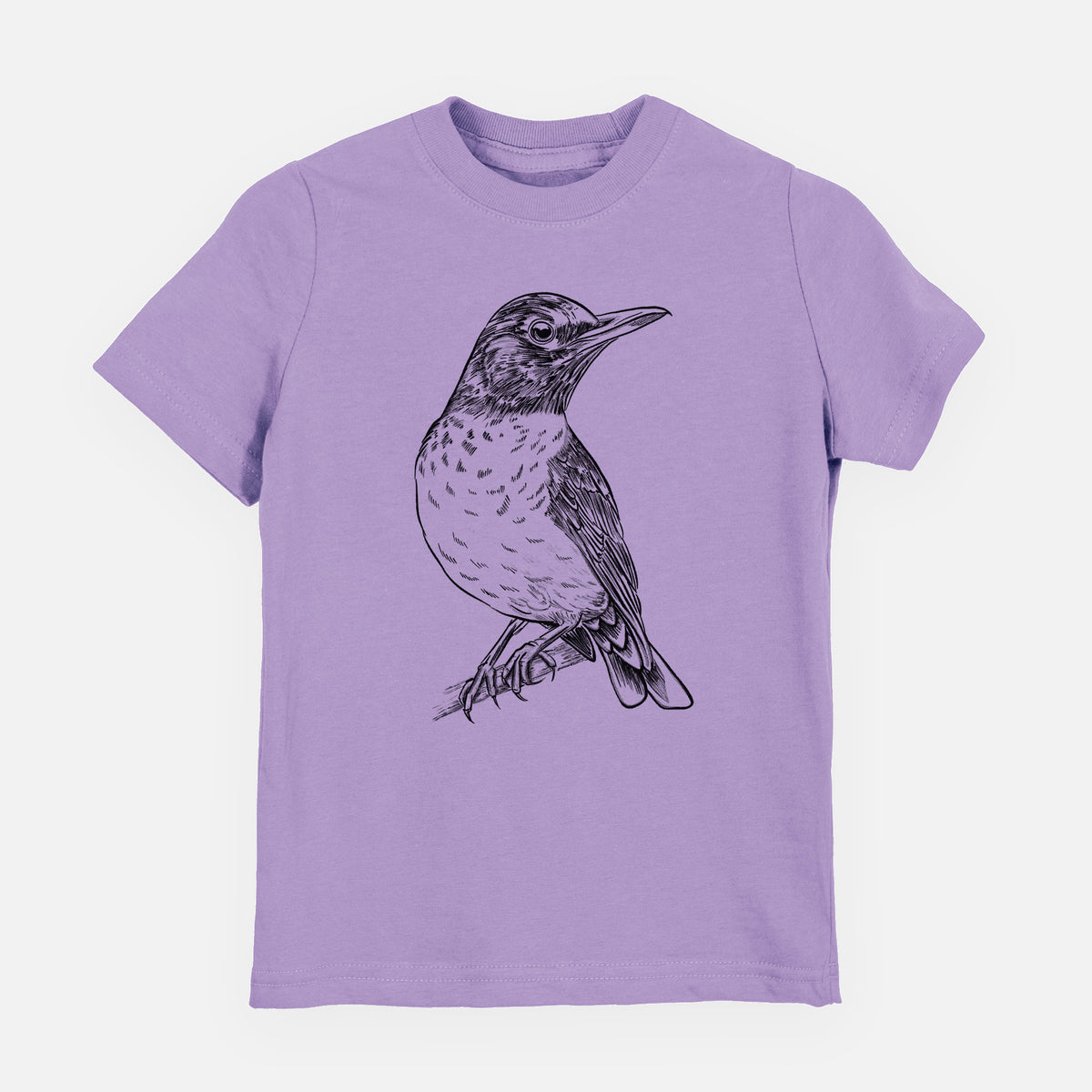 Lavender youth t-shirt laid flat, printed with a detailed black ink sketch of an American robin perched on a branch.