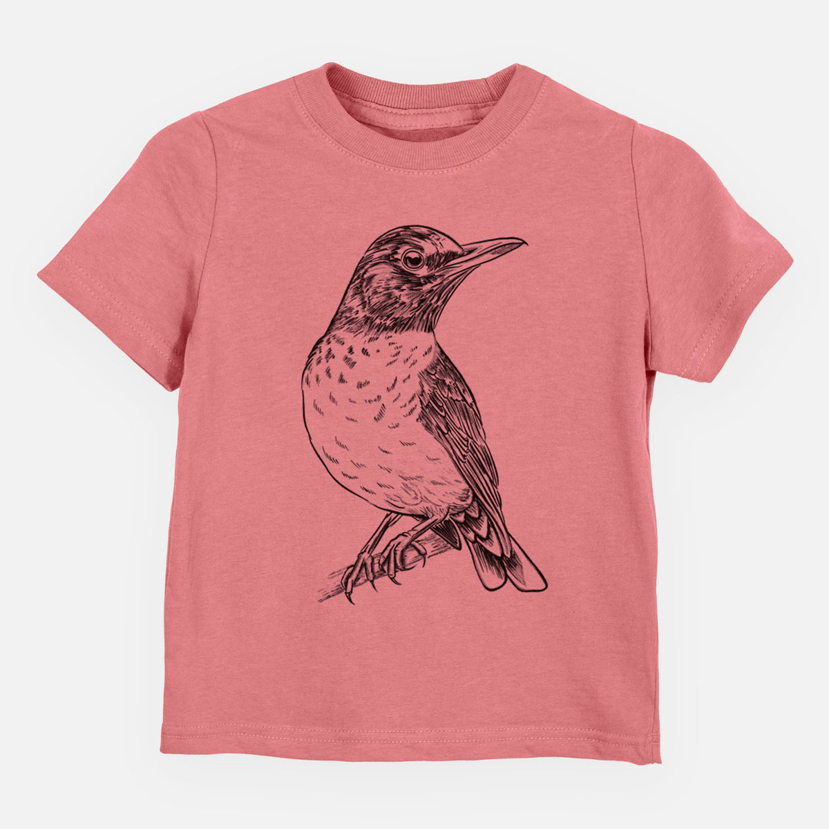 Mauve pink toddler t-shirt laid flat, printed with a detailed black ink sketch of an American robin perched on a branch.