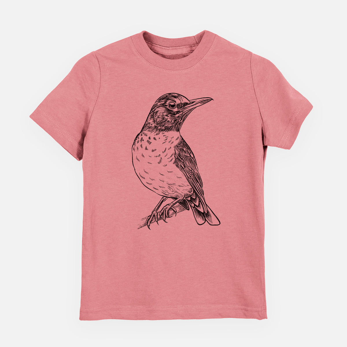Mauve pink youth t-shirt laid flat, printed with a detailed black ink sketch of an American robin perched on a branch.