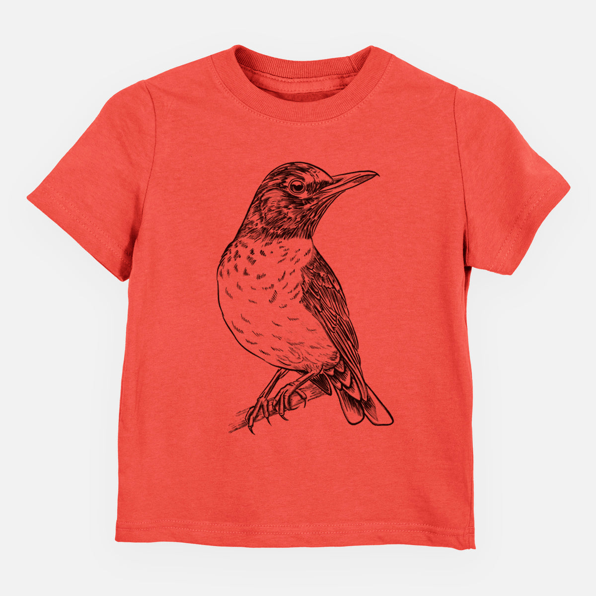 Passionfruit pink toddler t-shirt laid flat, printed with a detailed black ink sketch of an American robin perched on a branch.