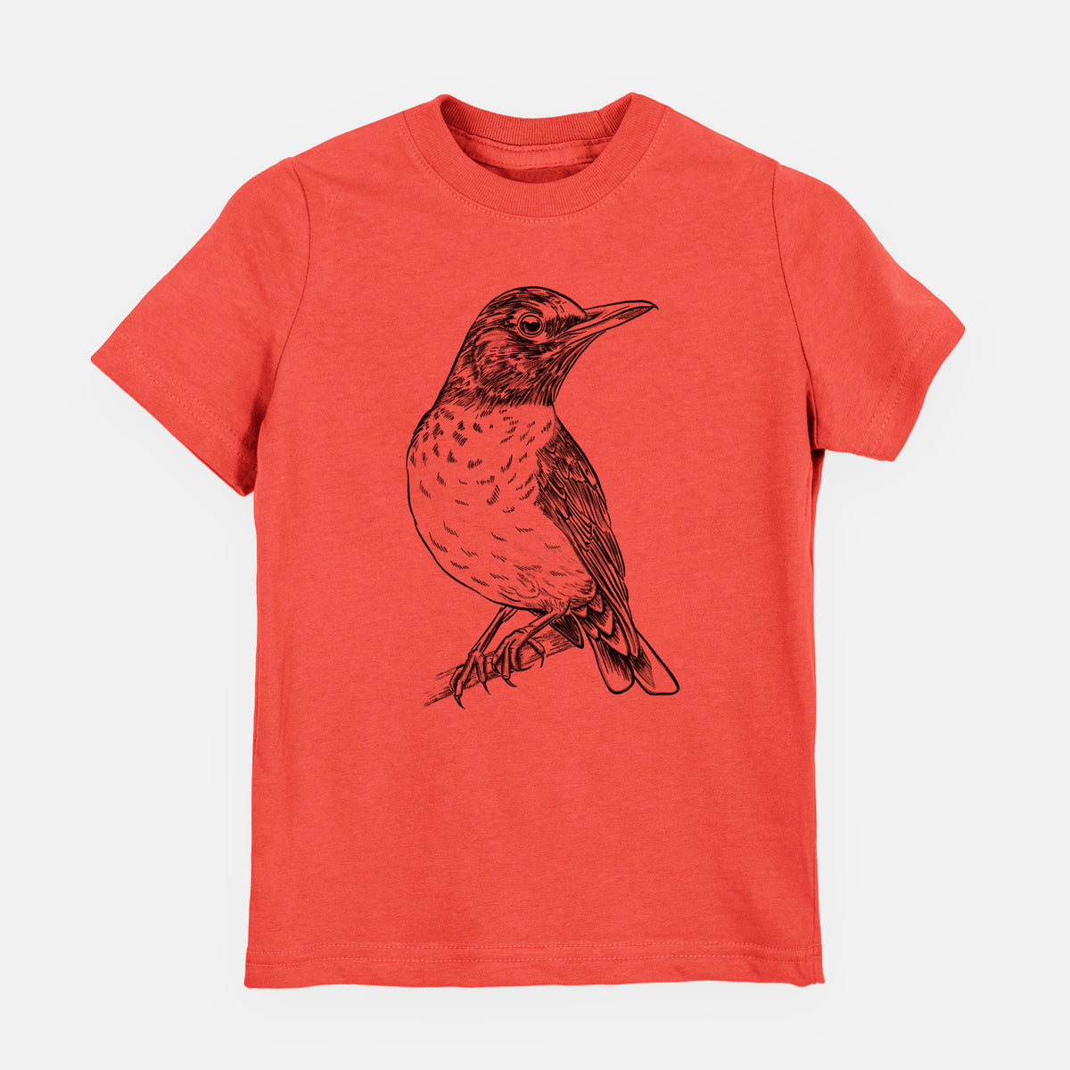 Passionfruit pink youth t-shirt laid flat, printed with a detailed black ink sketch of an American robin perched on a branch.