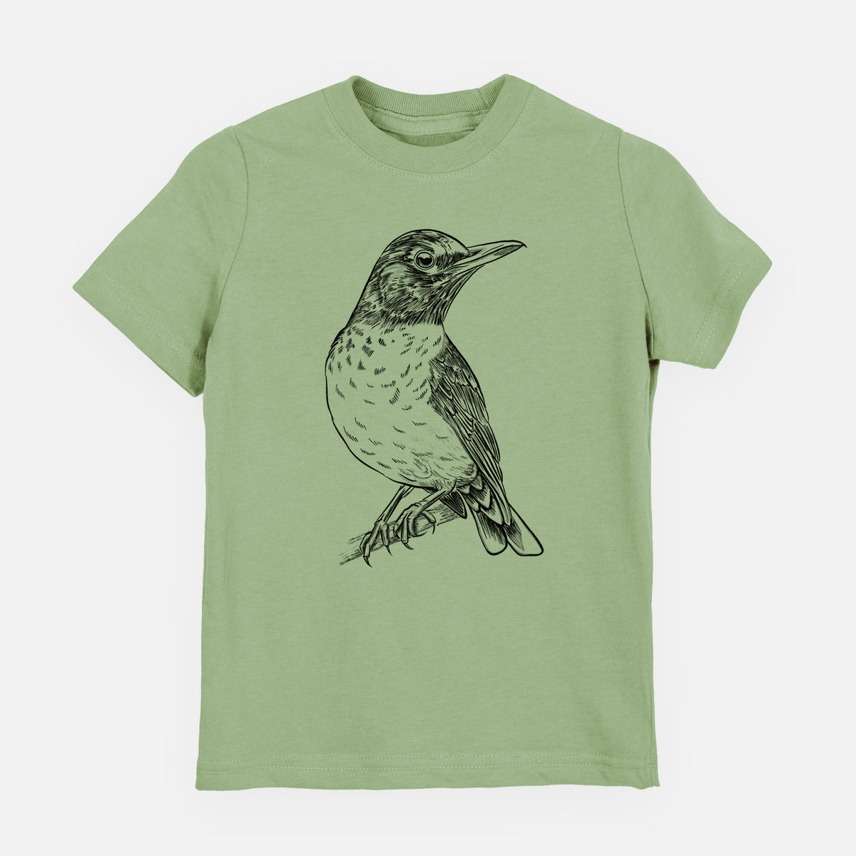 Sage green youth t-shirt laid flat, printed with a detailed black ink sketch of an American robin perched on a branch.