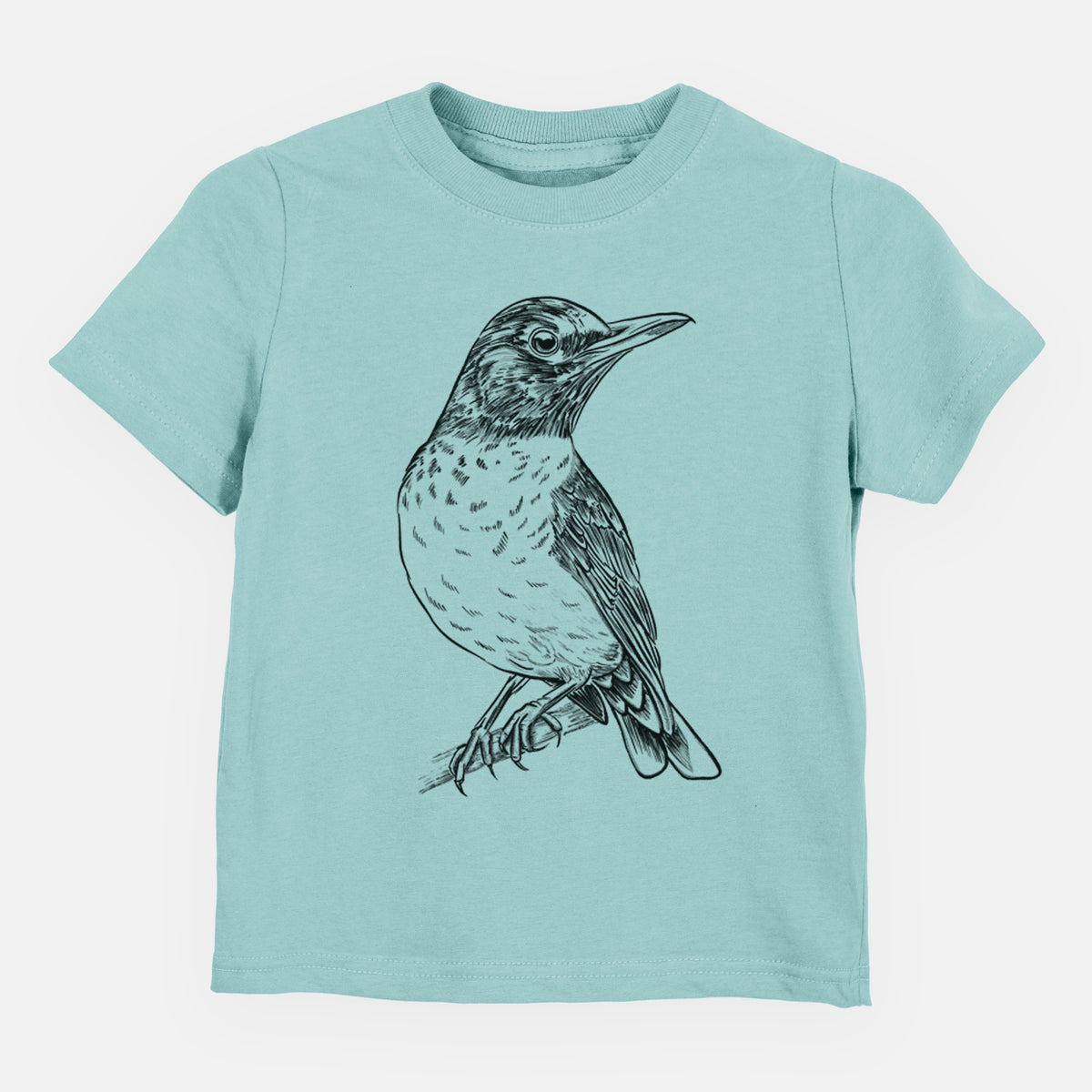 Saltwater toddler t-shirt laid flat, printed with a detailed black ink sketch of an American robin perched on a branch.