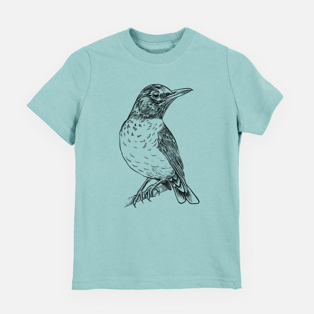 Saltwater youth t-shirt laid flat, printed with a detailed black ink sketch of an American robin perched on a branch.