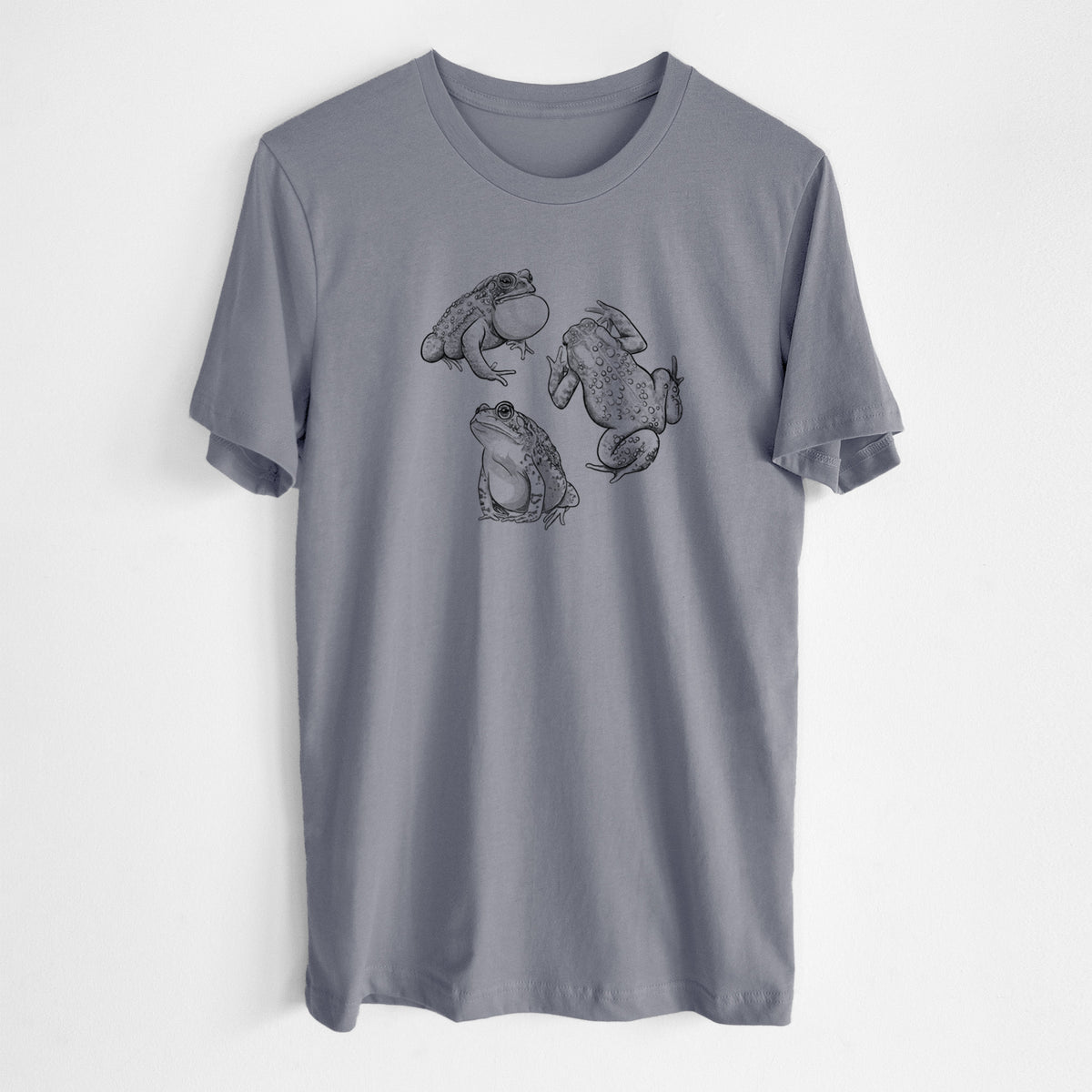 Storm grey lightweight cotton t-shirt laid flat, printed with a black ink illustration of three American toads.