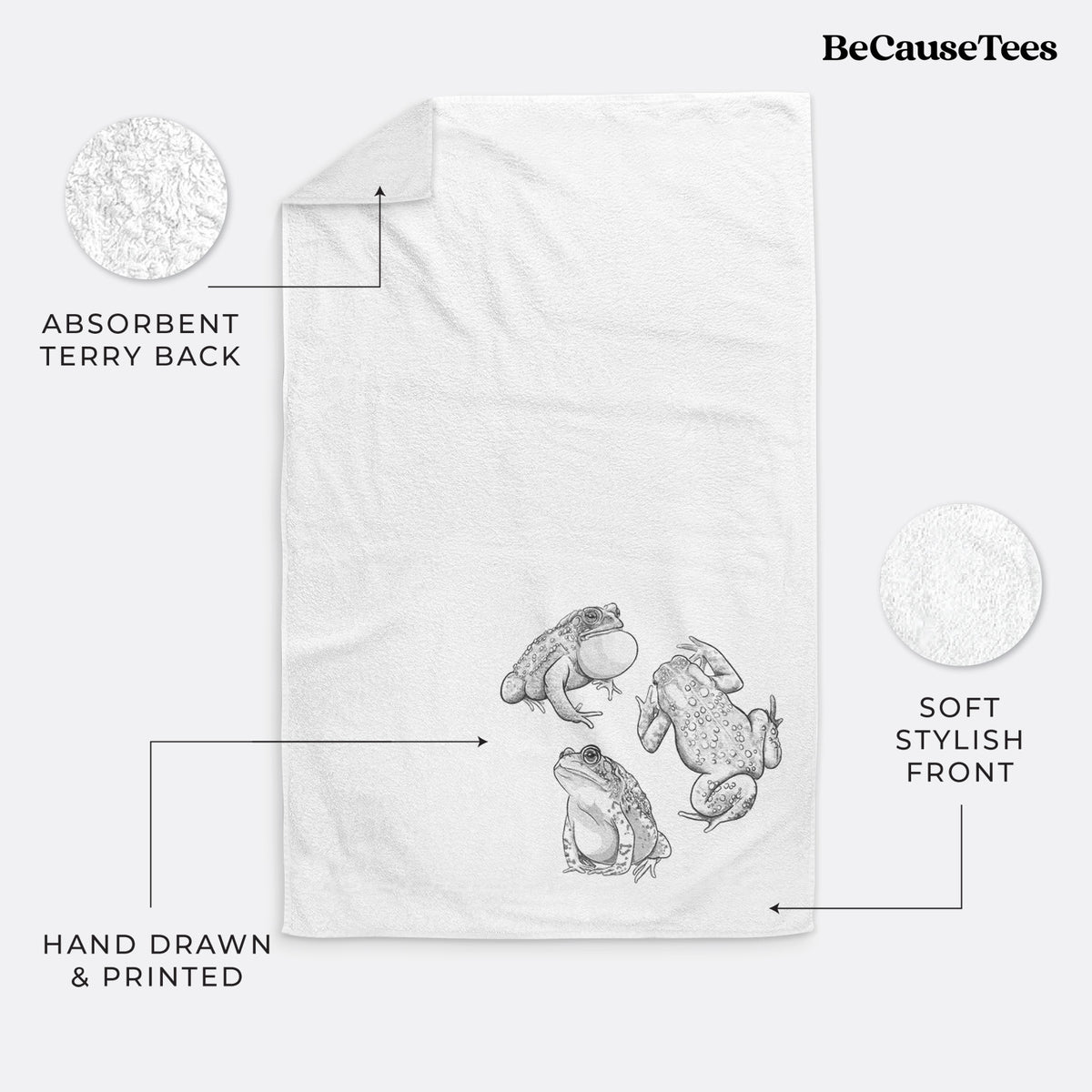 White hand towel printed with a black ink illustration of three American toads.