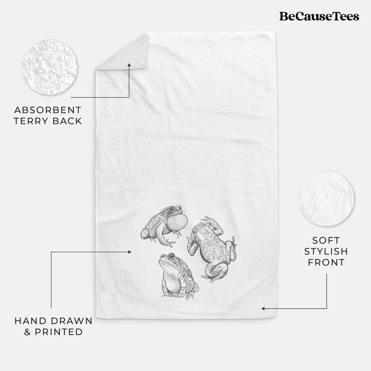 White hand towel printed with a black ink illustration of three American toads.